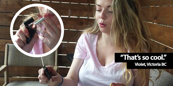 Canadian girl lighting cigarette with Rolls Plasma Lighter